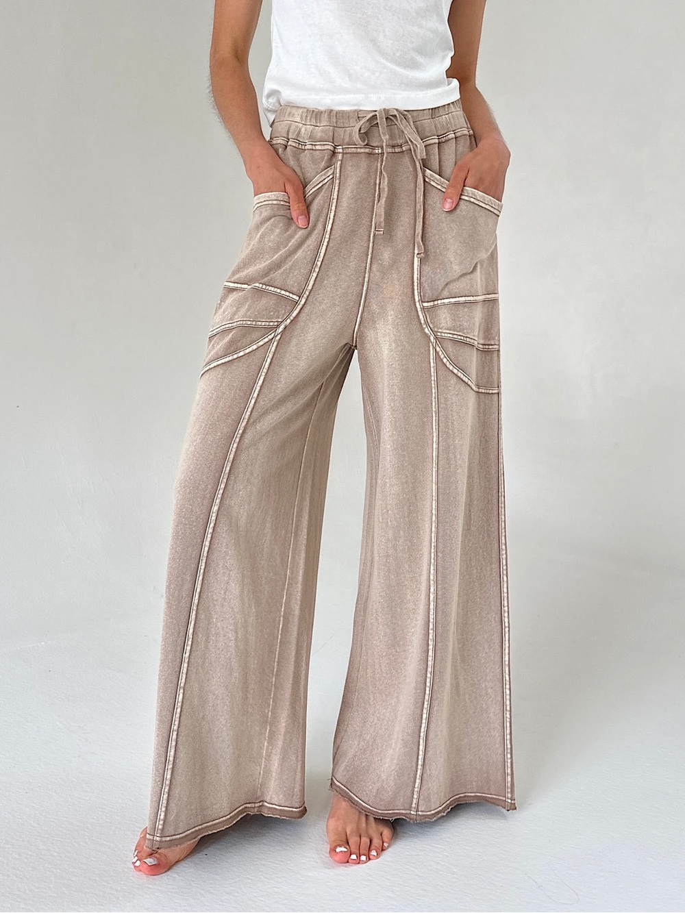 EUC🤎Easel Monkey Washed Terry Pants Small Tan